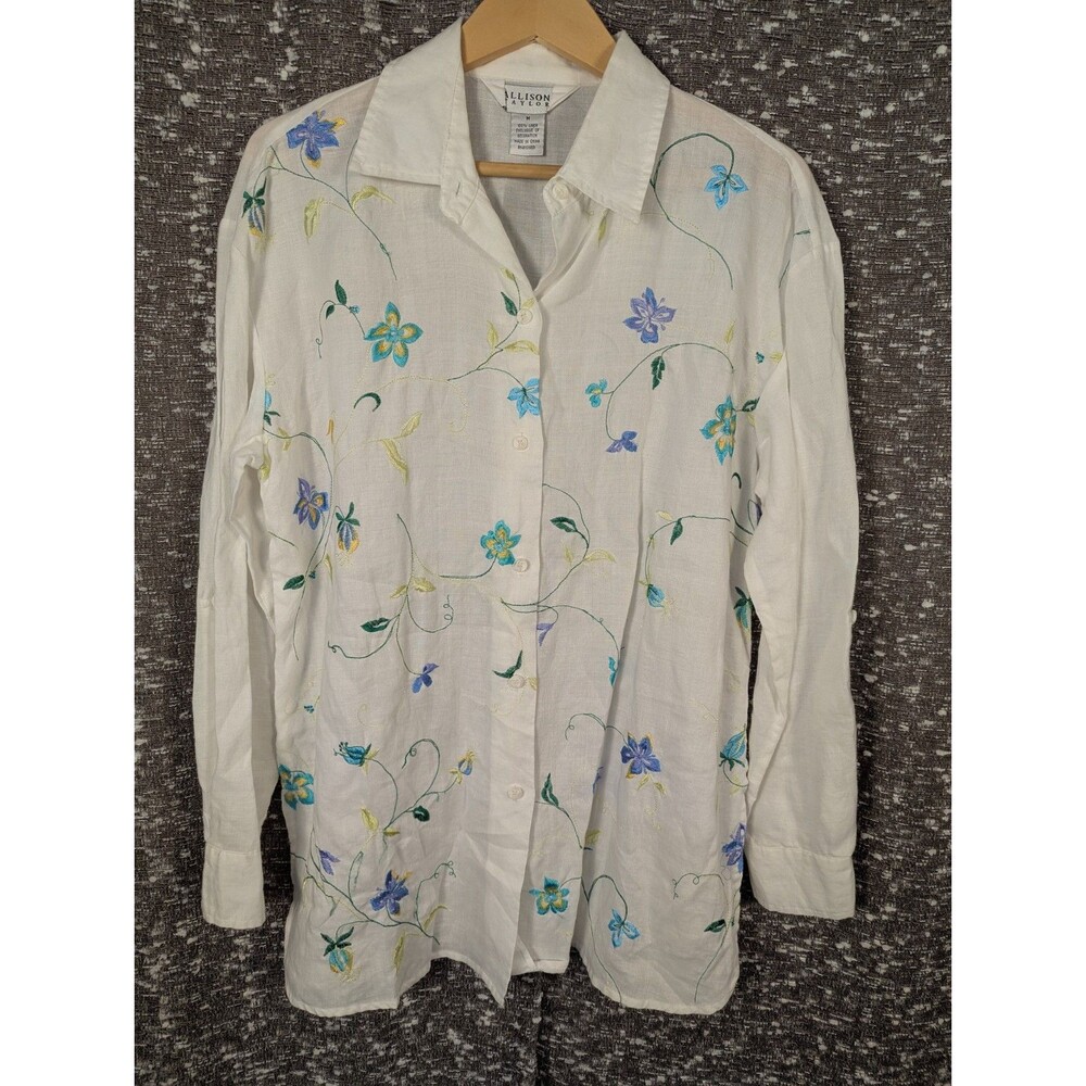 Allison Taylor White 100% Linen Colorful Floral Embroidered Button Down Shirt M